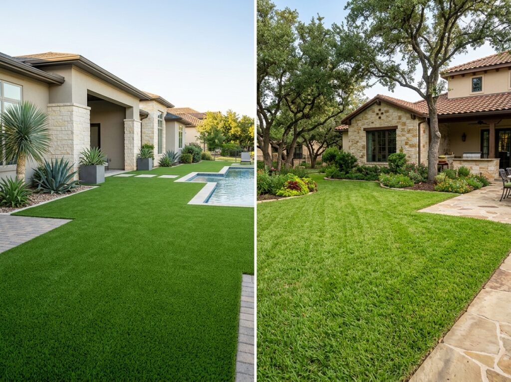 Side-by-side artificial turf vs natural sod for high-end residential lawns in San Antonio and Helotes