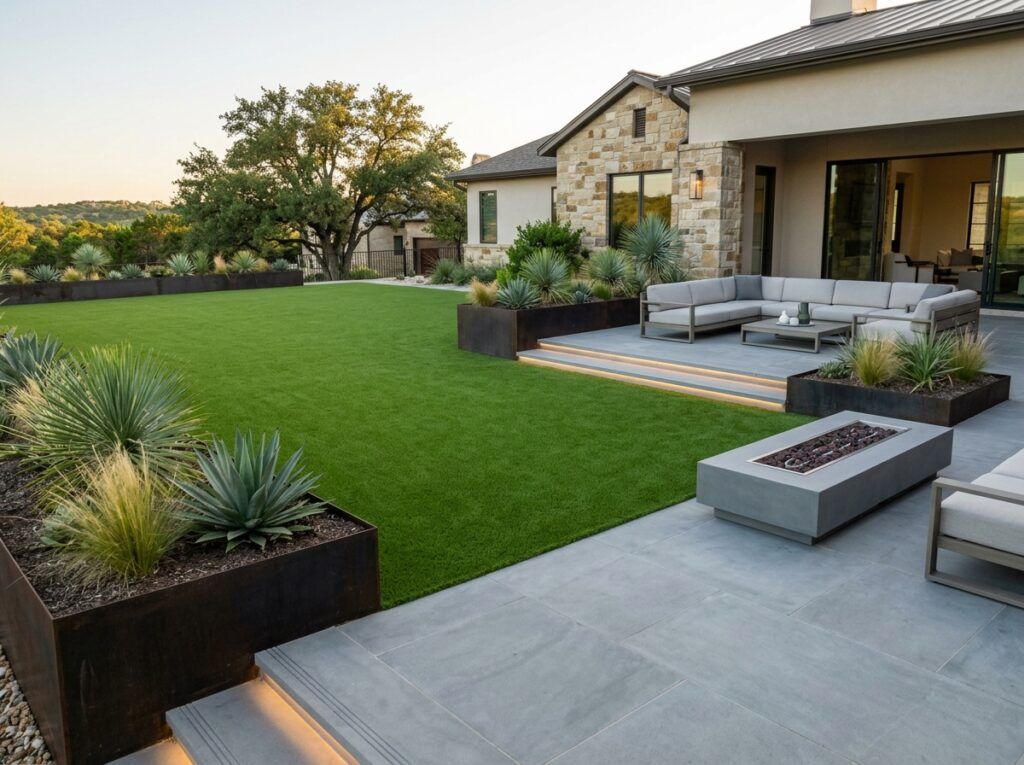 Premium artificial turf installation at luxury Texas home with clean green lawn, modern patio, crisp edges