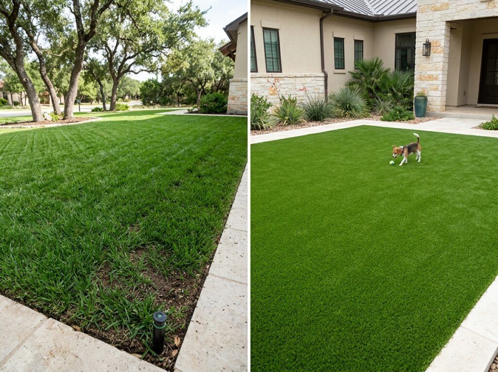 Luxury natural sod vs premium artificial turf lawn at upscale San Antonio homes, landscape design comparison