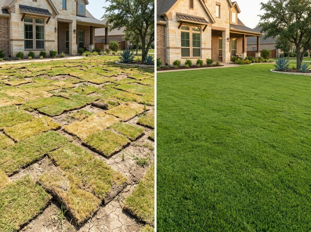 Before/after sod installation: uneven seams and patchy lawn vs smooth grading with properly laid turf