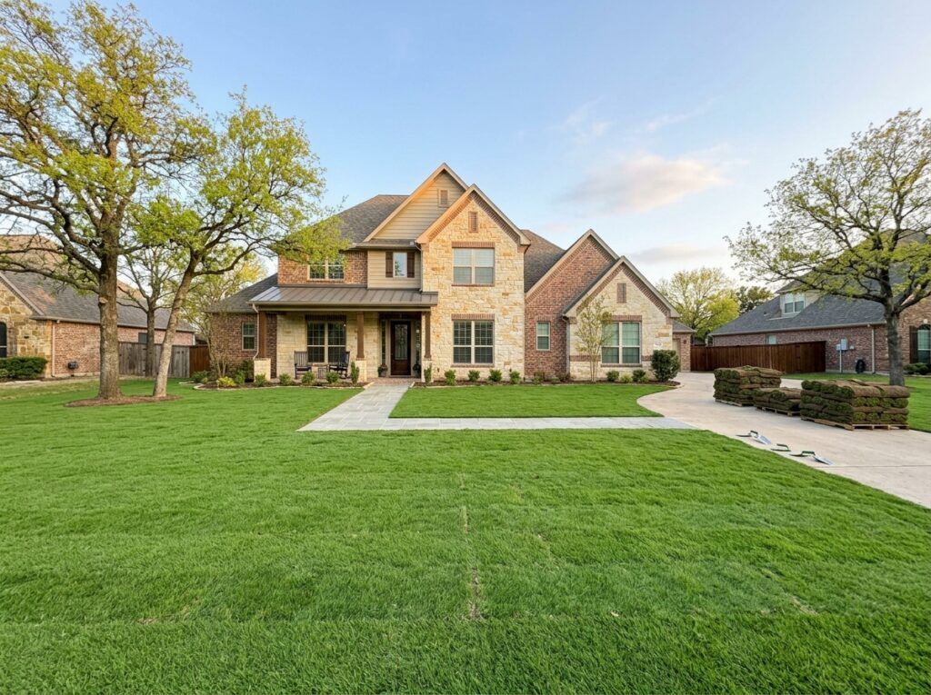 Fresh sod installation for residential landscaping, lush green lawn under clear sky at Texas home