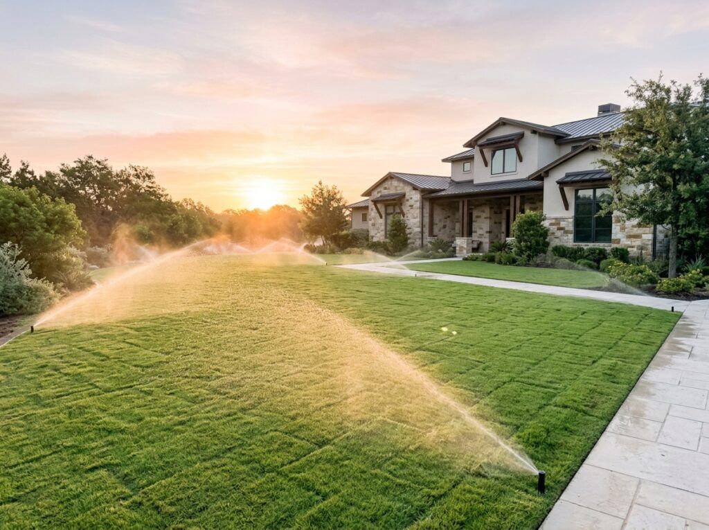 New sod lawn installation watered by sprinklers at residential home, fresh green grass in early morning light