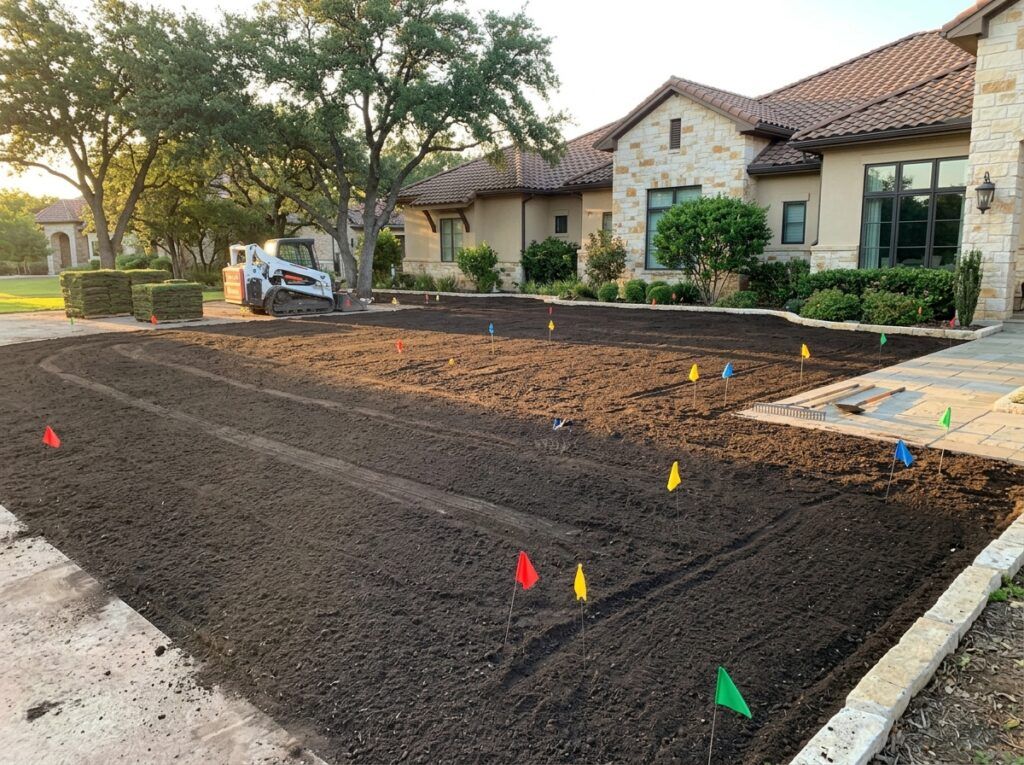 Residential yard landscaping prep for sod installation, old grass removed, soil graded smooth, irrigation flags