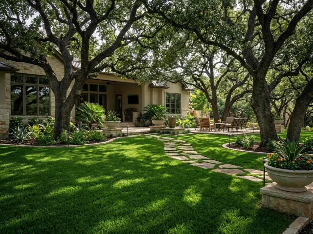 Lush shaded lawn under mature oak trees at luxury San Antonio home, backyard landscaping design
