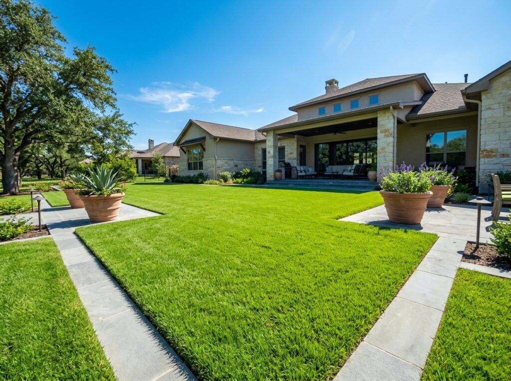 Sun-filled backyard landscaping with lush sod lawn, clean edging, and healthy green turf at upscale Texas home