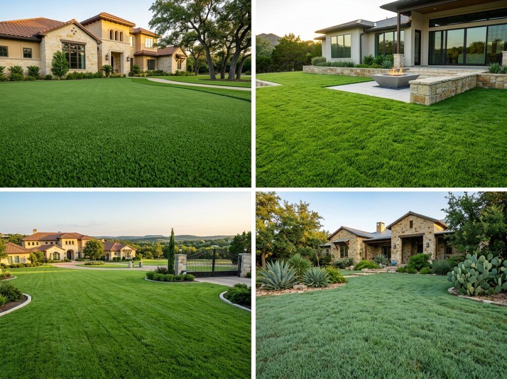 Luxury Texas lawn guide showing Bermuda, Zoysia, St. Augustine and Buffalo grass options for landscape design