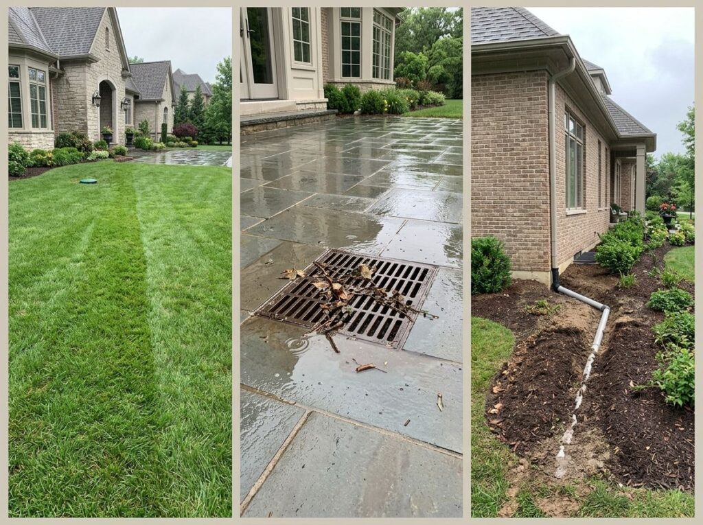 Rain-soaked upscale yard with a gravel French drain and catch basin guiding water away from lawn and patio.