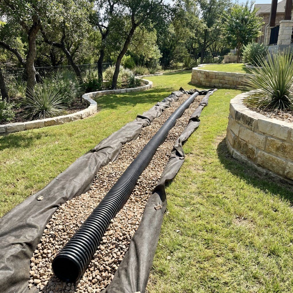 Perforated drainage pipe installed in gravel trench with proper slope for water flow