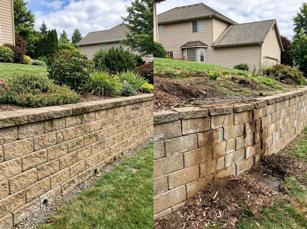 Aging stone retaining wall with stable base and drainage gravel, bordered by mulch beds, shrubs, and a grassy slope.
