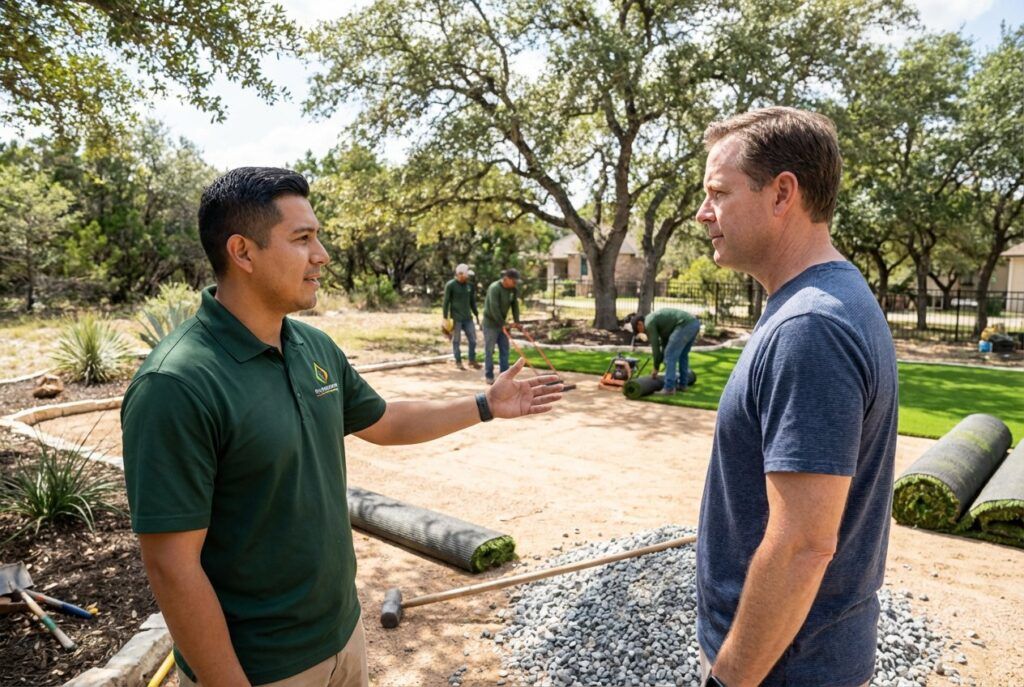Landscaper explaining artificial turf installation to a Helotes homeowner.