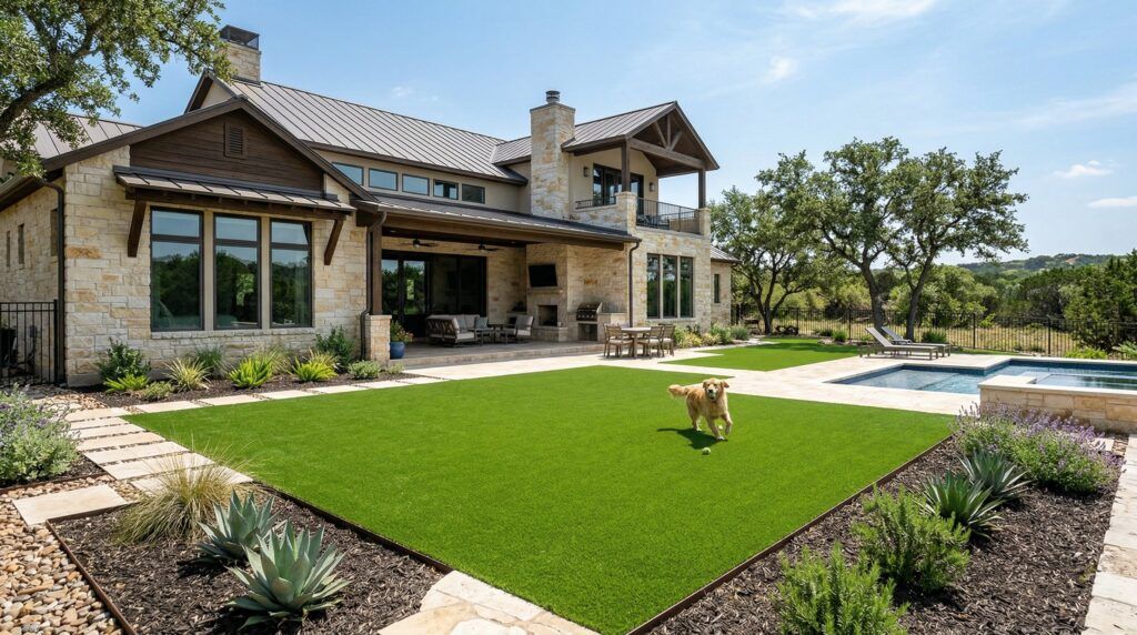 Artificial turf installation at a large residential home in San Antonio, Texas.