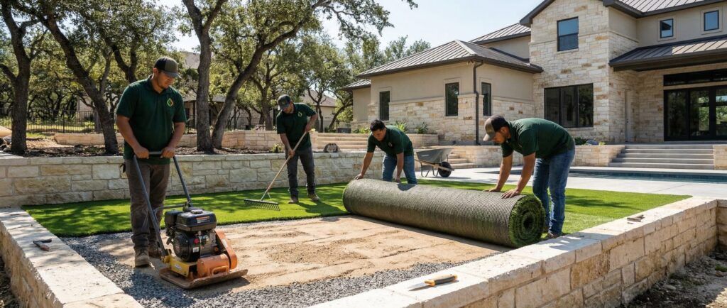 Artificial turf installation with base preparation and turf roll placement for drought-tolerant landscaping at Texas home