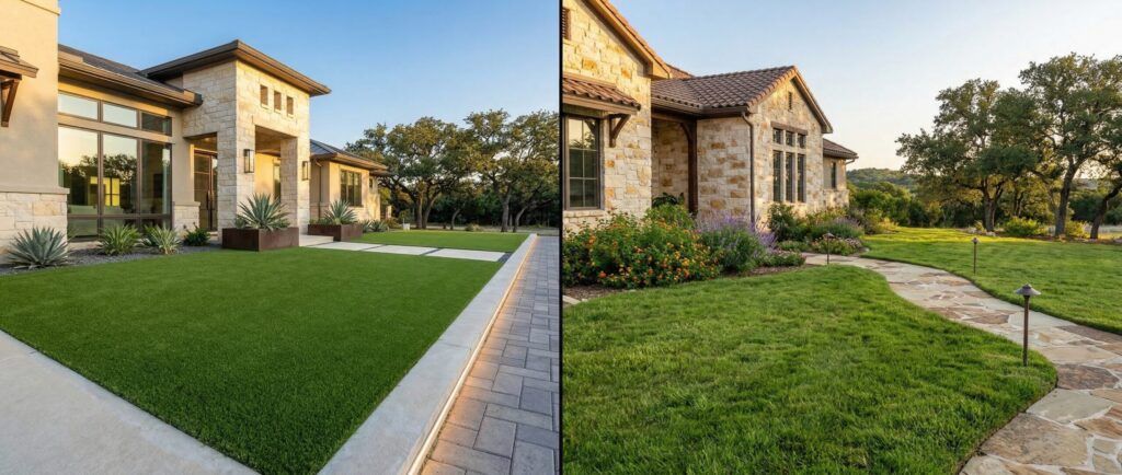 Artificial turf vs natural sod in residential landscape design guide, low-maintenance landscaping comparison
