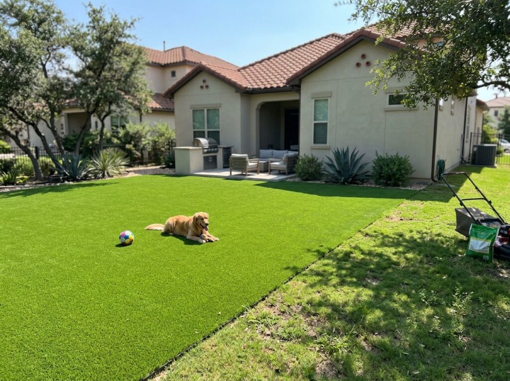 San Antonio backyard with clean green artificial turf, crisp edging, paver patio, and nearby planting beds.
