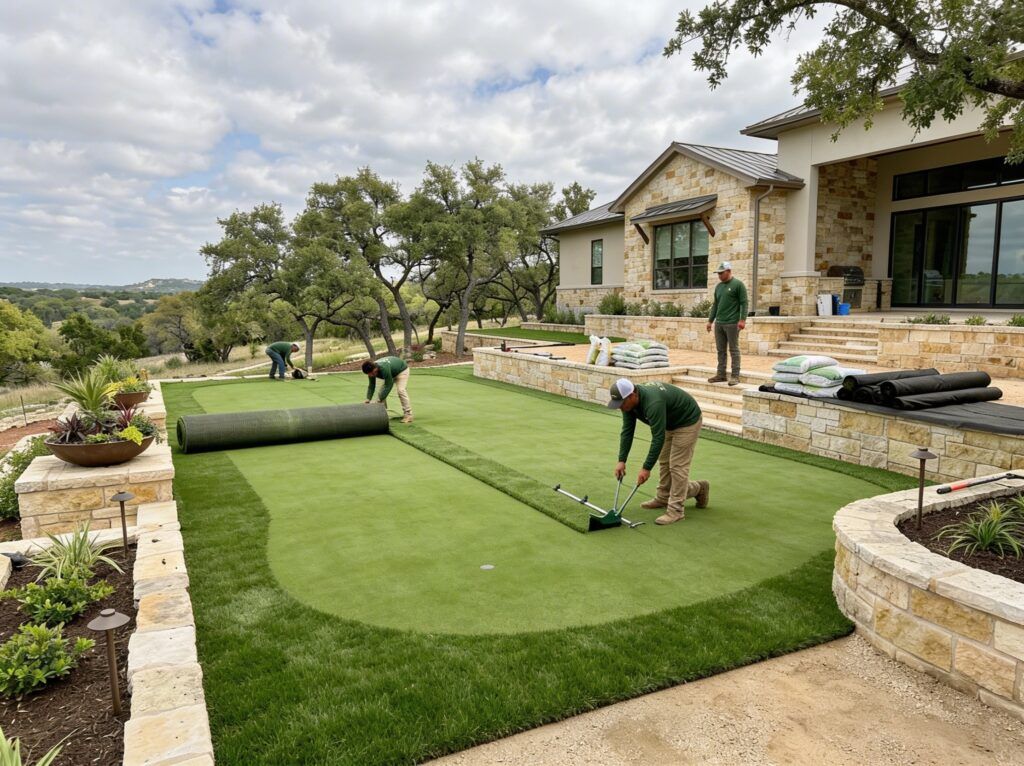 Artificial turfgrass installation, turf rolled out over prepared base for a durable low-maintenance lawn