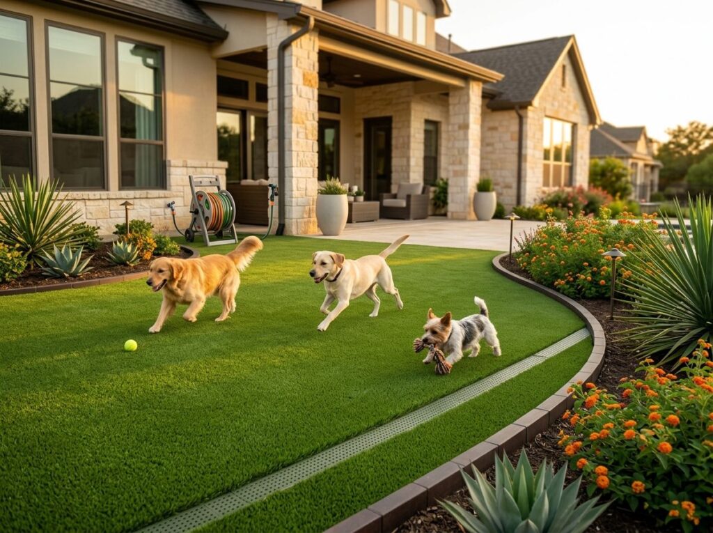 Backyard with lush artificial turf, stone patio, and shade trees as several dogs run and play near a Texas home.