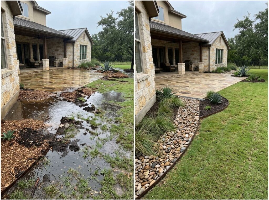 Luxury Texas home with patio and soggy lawn; standing water pooled near the patio after heavy rain.
