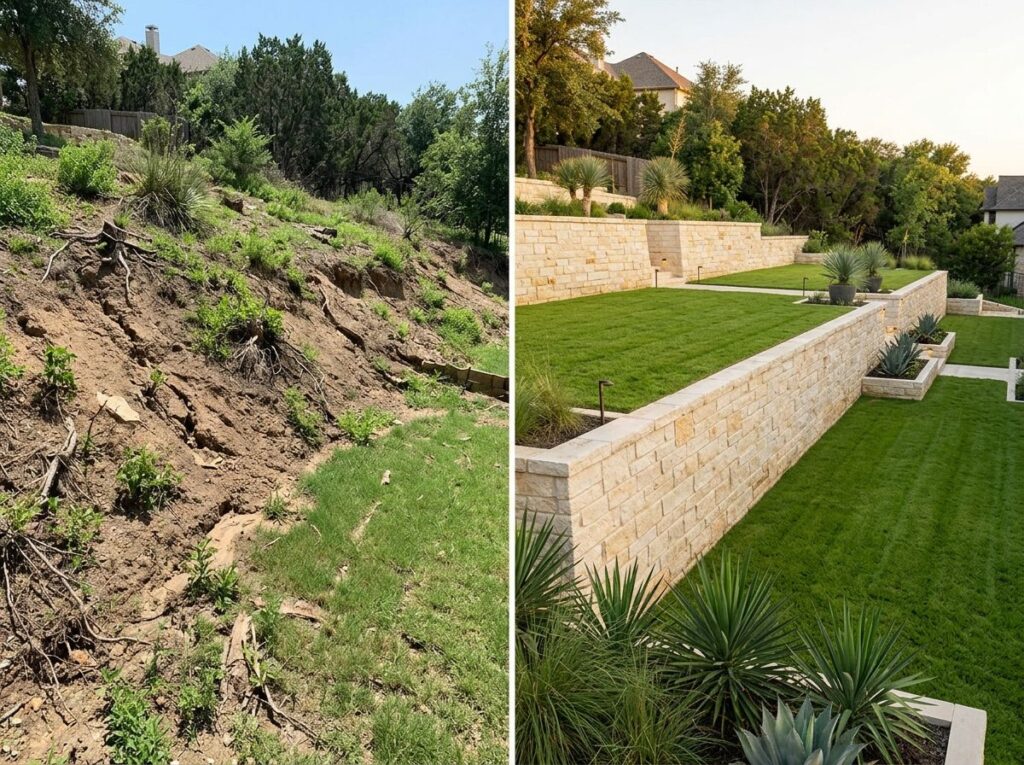 Steep sloped yard with patchy grass, exposed soil, and erosion ruts beside a luxury Texas home with limited usable space