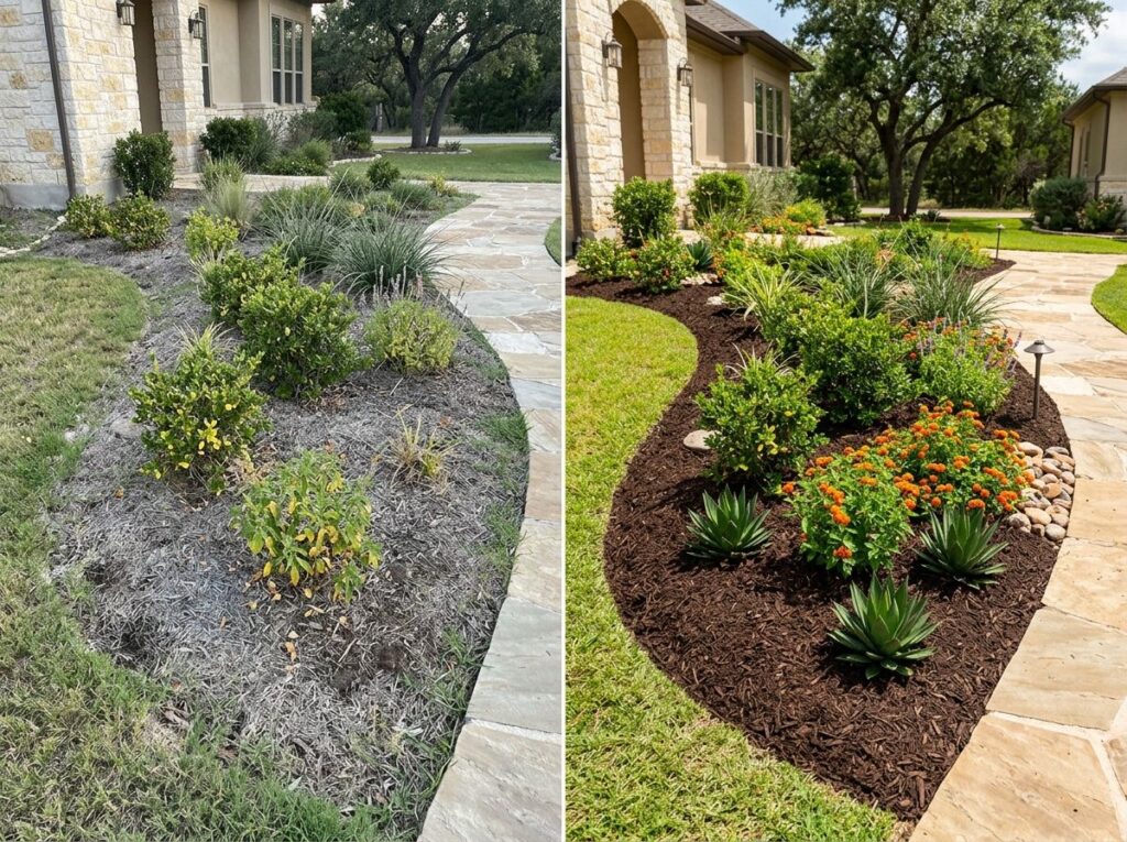 Luxury front yard with green lawn, curved stone walkway, trimmed shrubs, and fresh mulch beds by driveway.