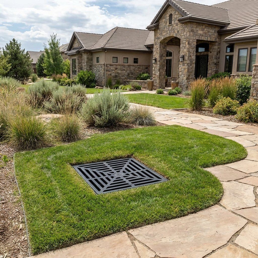 Catch basin installed flush with lawn at a low point to collect surface water