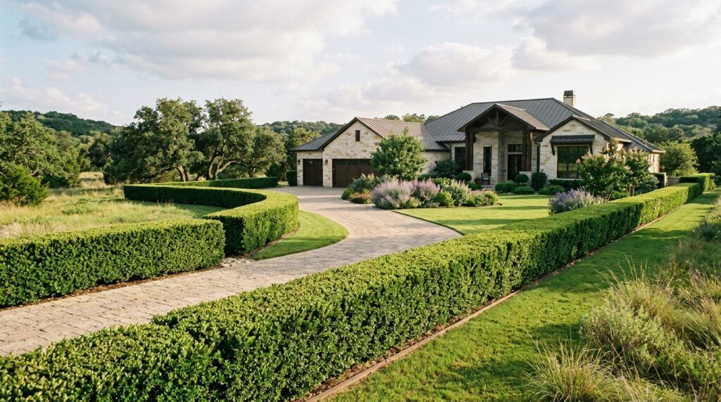 Cleanly trimmed hedges along property boundary; landscape tree & plant maintenance with pruning and removal