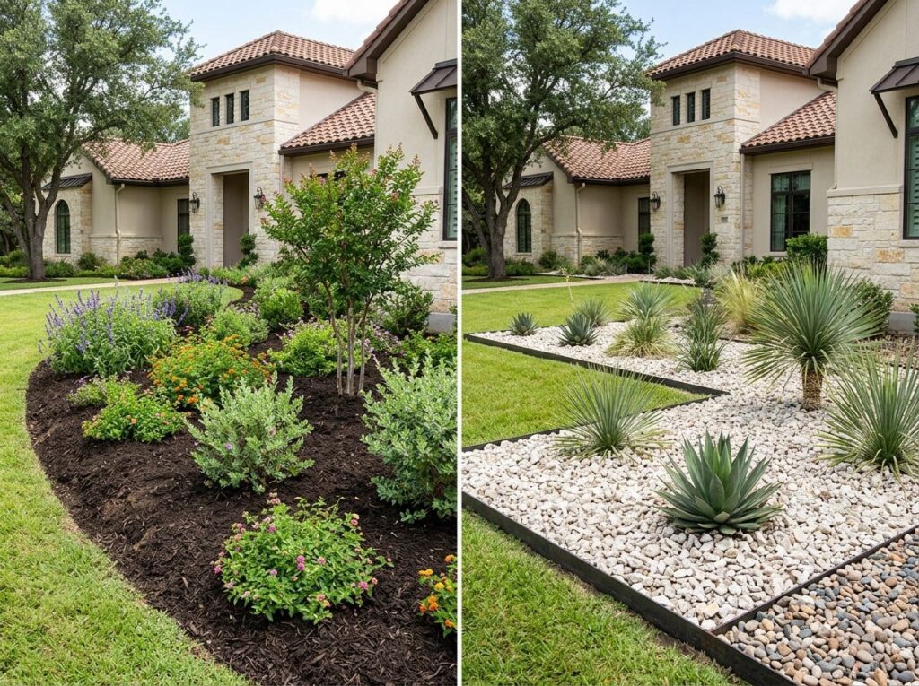 Two-panel view of front landscape beds: fresh dark mulch with shrubs vs light stone groundcover along walkway.