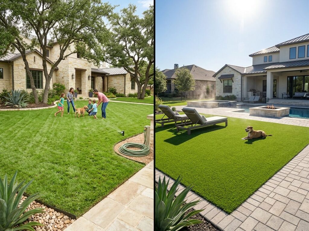 Side-by-side lawns at upscale homes: soft natural sod beside bright artificial turf with clean edging and shrubs.