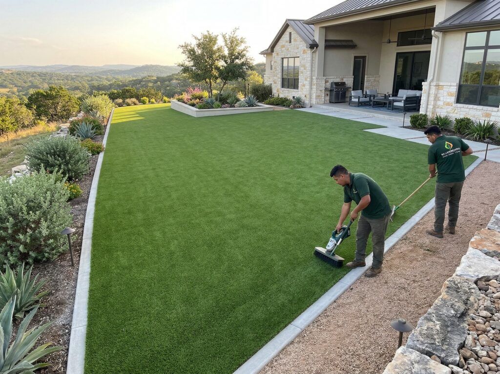 Completed artificial turf lawn installation with seamless synthetic grass, clean edging, and low-maintenance yard finish