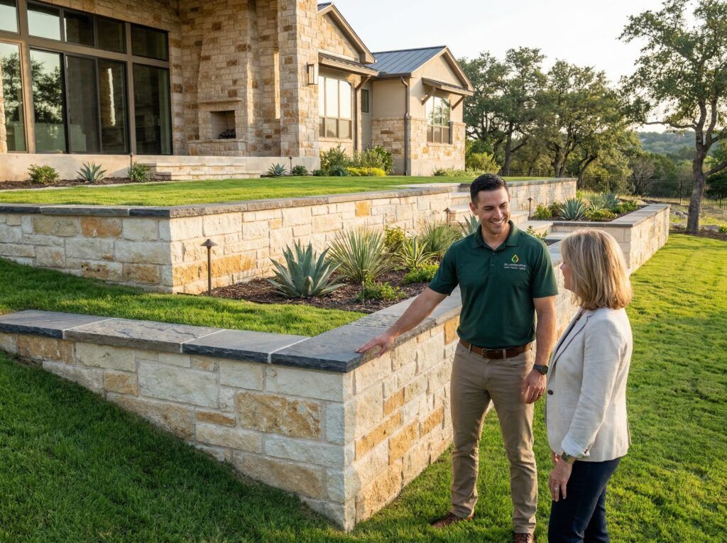 Completed landscape retaining wall with capstones, restored walkway and planter beds in drought-tolerant yard