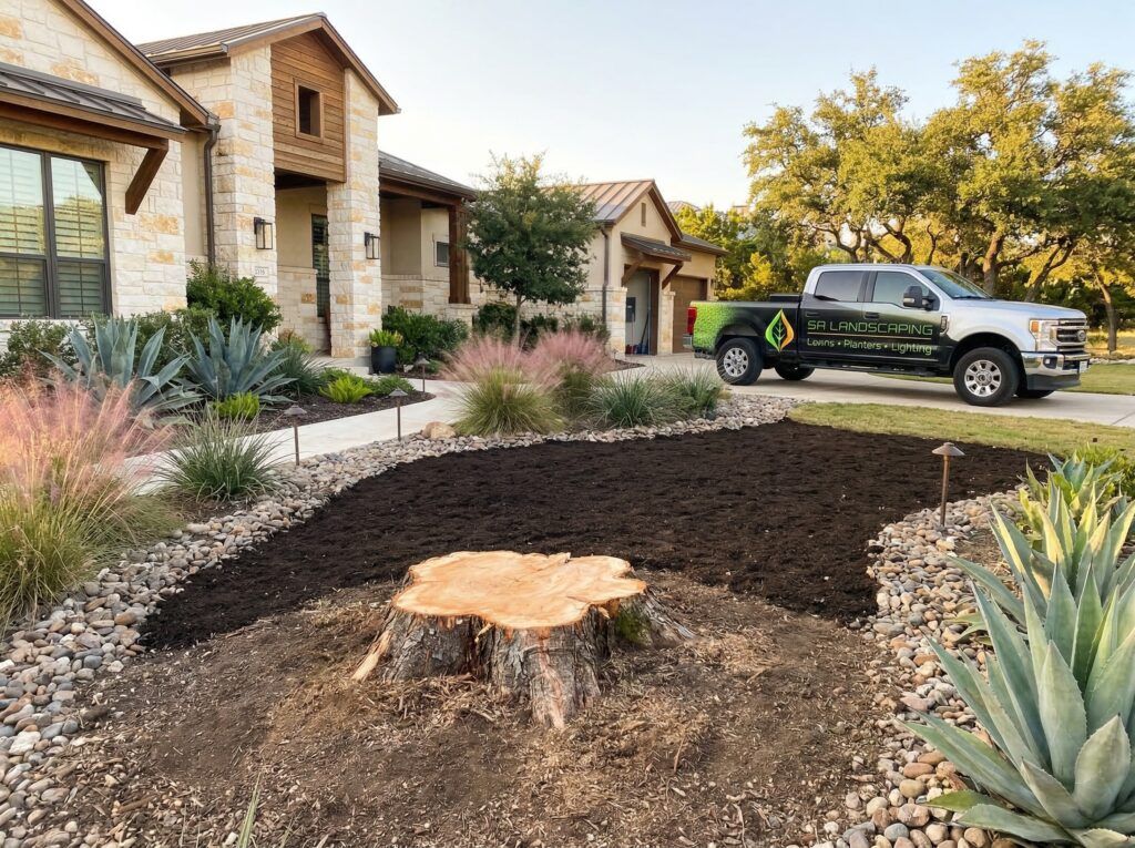 Completed landscape tree removal service with stump left after safe cutting and cleanup