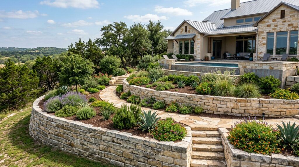 Terraced gravity landscape retaining wall with masonry blocks stabilizing slope and creating garden beds