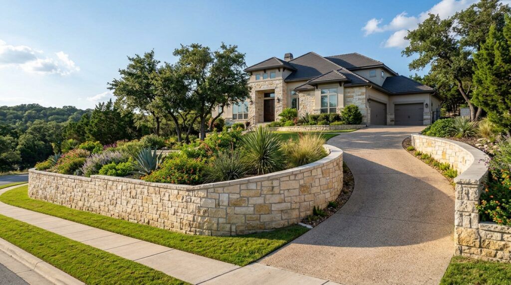 Mortared masonry landscape retaining wall stabilizing slope with stacked blocks and garden bed edging for landscaping