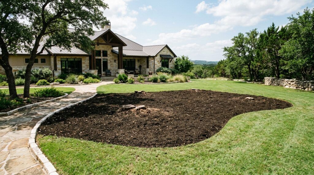 Completed stump grinding area in landscape, soil leveled and ready for future planting and garden beds