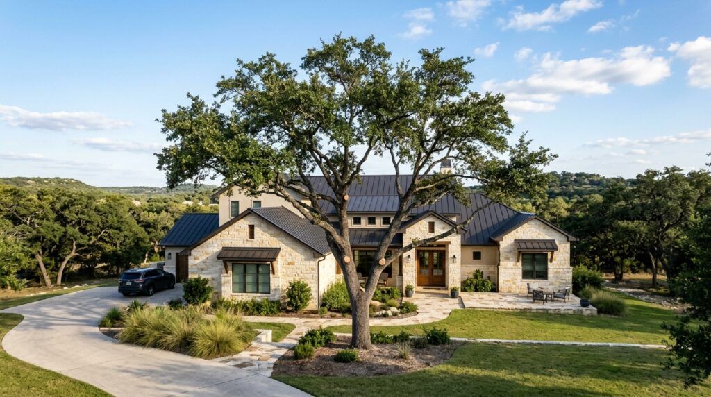 Helotes luxury home landscape maintenance with tree trimming, pruning and removal, plus garden bed cleanup