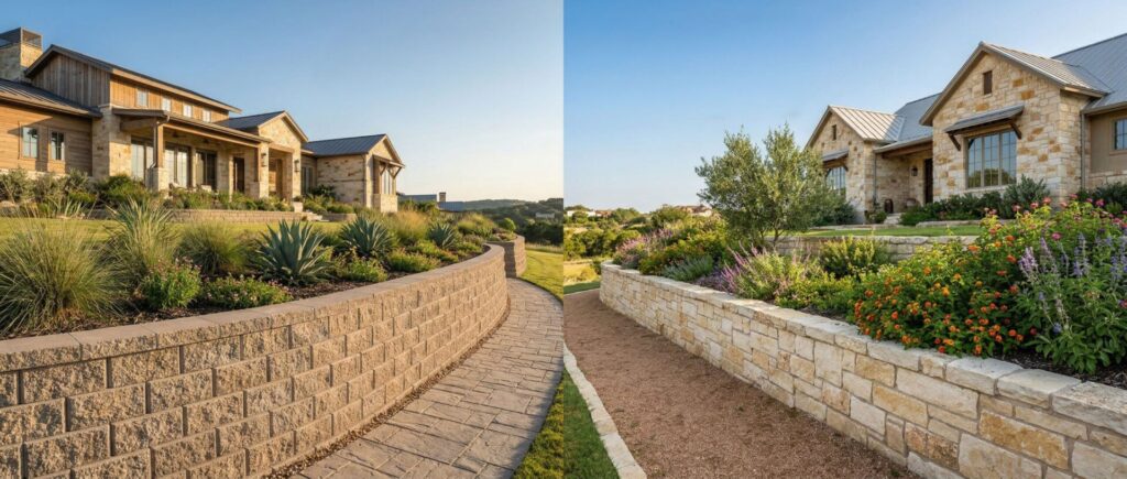 Concrete block vs limestone retaining wall collage for Hill Country luxury home landscaping and landscape design