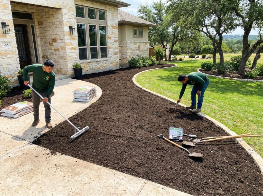 Curved landscape bed prepped with soil amendments for drought-tolerant garden beds and xeriscape planting