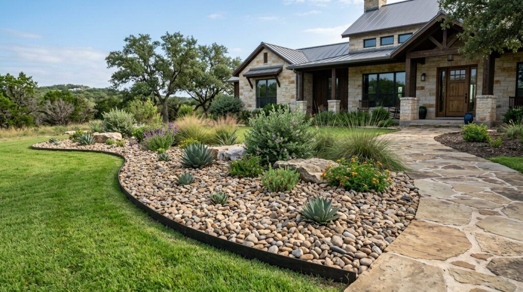 Decorative rock landscape bed with drought-tolerant xeriscape plants at a luxury home planter bed