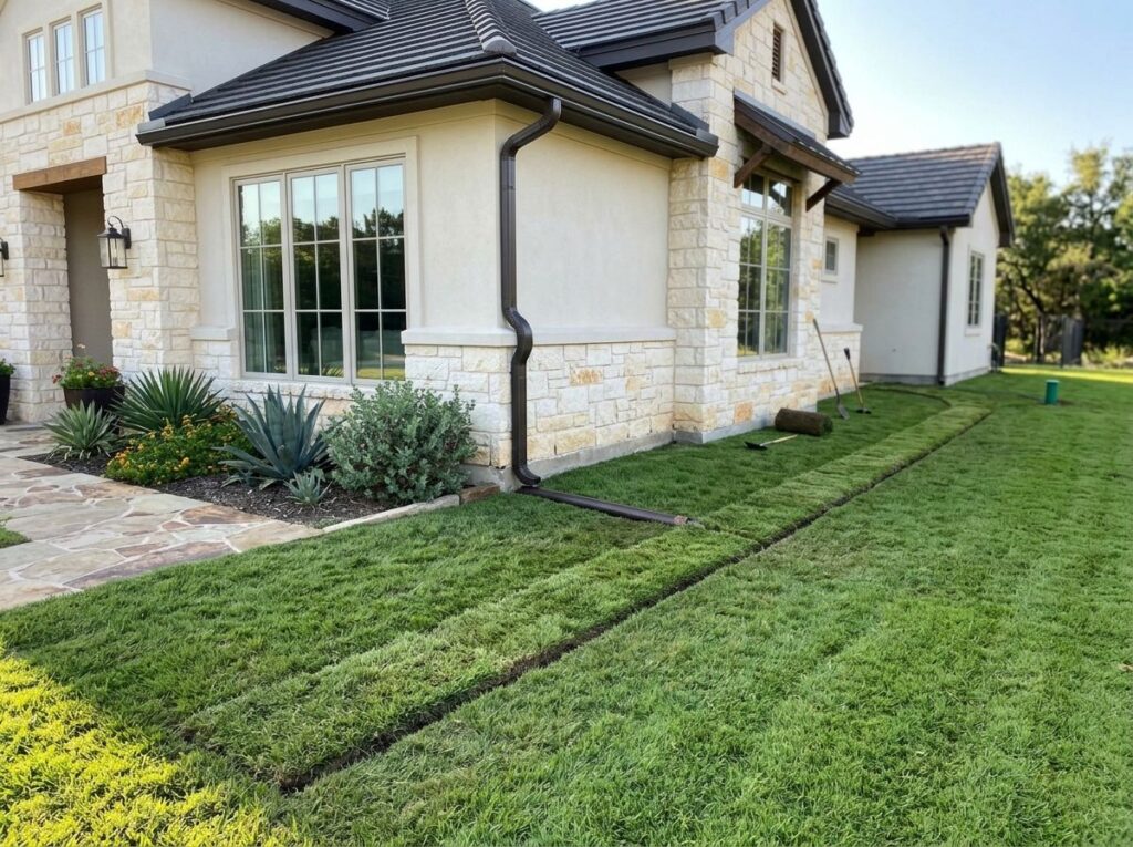 Downspout connected to buried drainage pipe beside a home, directing roof runoff away across the landscaped yard.
