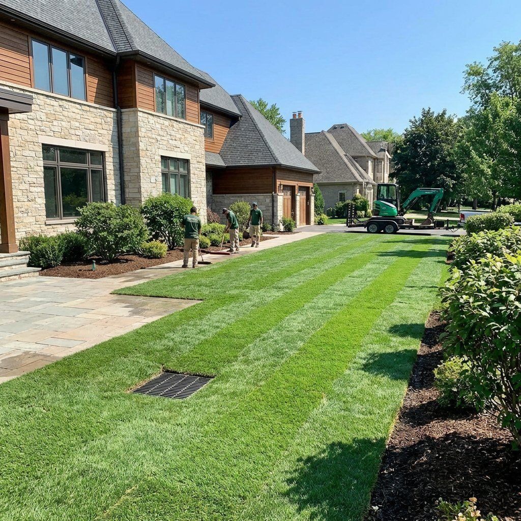 Restored lawn with fresh sod after professional residential drainage installation