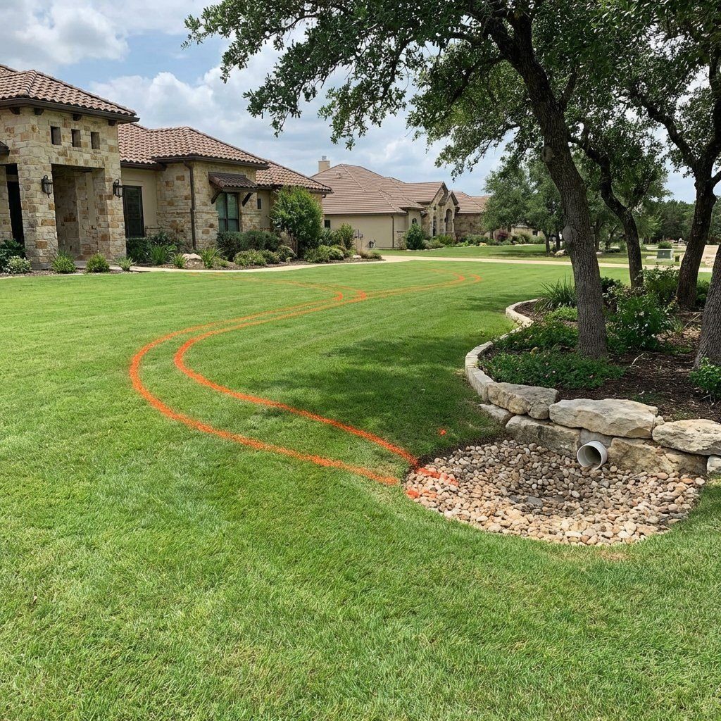 Marked drainage pipe route leading to a safe water discharge area on a residential property