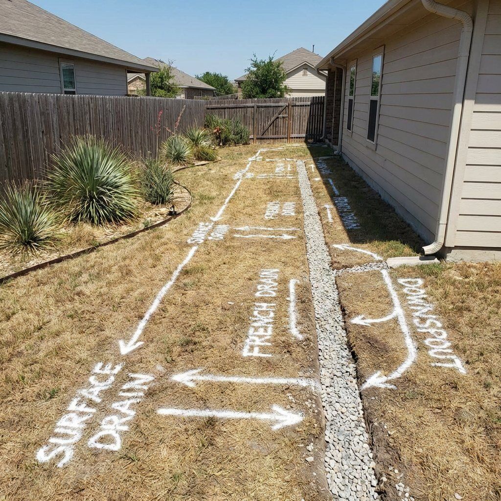Landscape professional planning surface drains and French drains for residential drainage correction