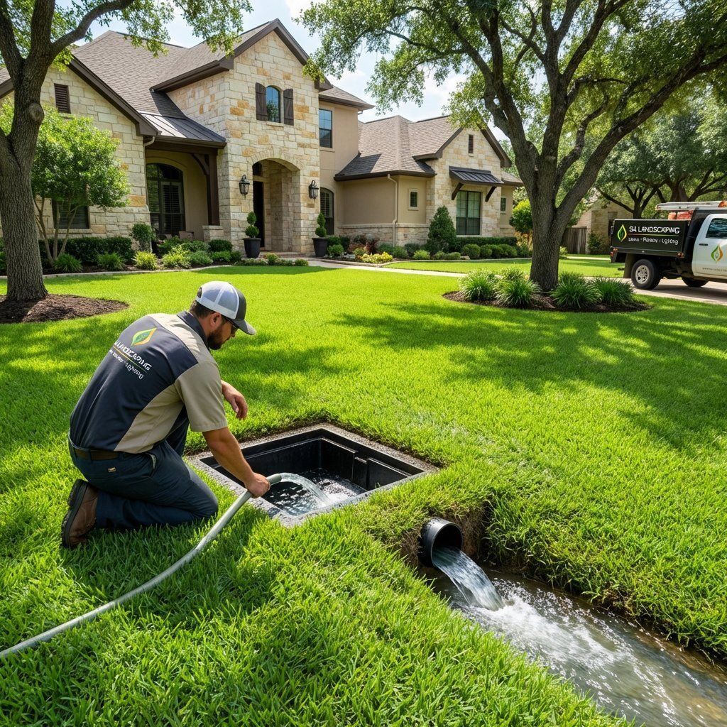 Drainage system being tested with running water to confirm proper flow and discharge