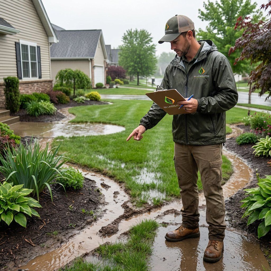 Landscaper inspecting yard drainage issues, visible puddles, runoff paths, and water pooling near a luxury home