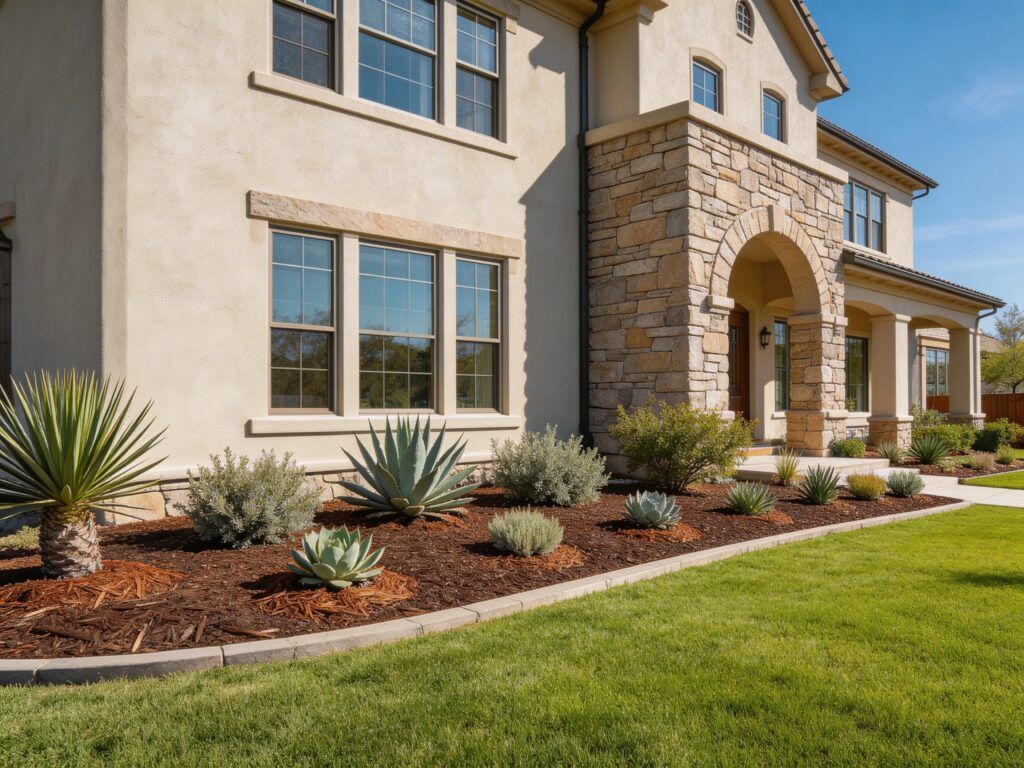 Drought-tolerant plants installed in prepared holes for xeriscaping garden beds and low-water landscaping