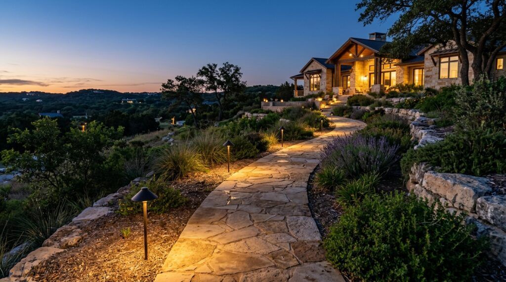 Evenly spaced pathway lights guiding a landscape walkway, durable landscape lighting fixtures for safe night paths