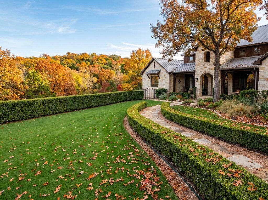 Precision hedge trimming and landscape maintenance with sharp finished lines for clean, well-kept garden beds