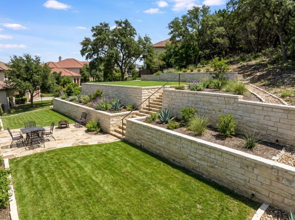 Retaining wall terraces a steep backyard slope, creating a flat lawn area beside a small patio.