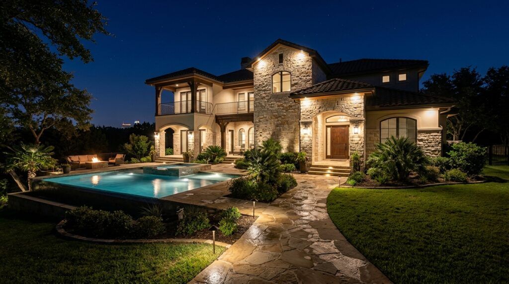 Finished architectural landscape lighting system illuminating garden beds with fixtures and lighting supplies