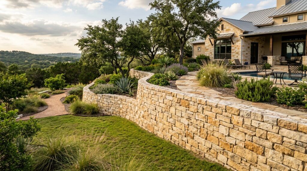 Drystack stone landscape retaining wall on sloped yard, elevating planter beds with masonry blocks