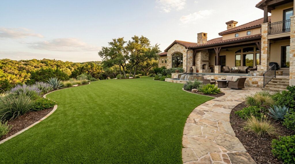 High-end artificial turf grass lawn installation for luxury homes in San Antonio